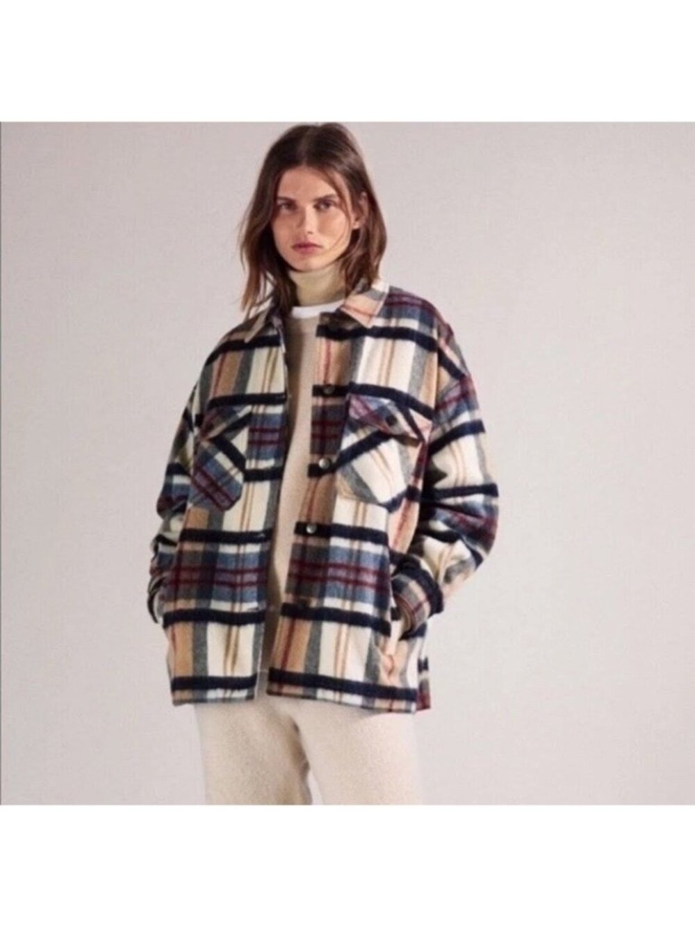Zara Plaid Women’s XS Shacket Wool Blend Button Blue Tan Jacket Lagenlook